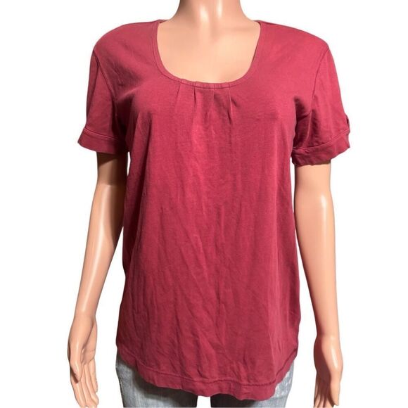 Women's scoop neck short sleeve Burgundy tee button back stretch jersey top M - Picture 2 of 6
